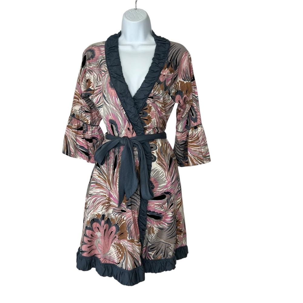 Women's Printed Short Robe with Ruffle Trim - Pink Multi - Picture 2 of 15